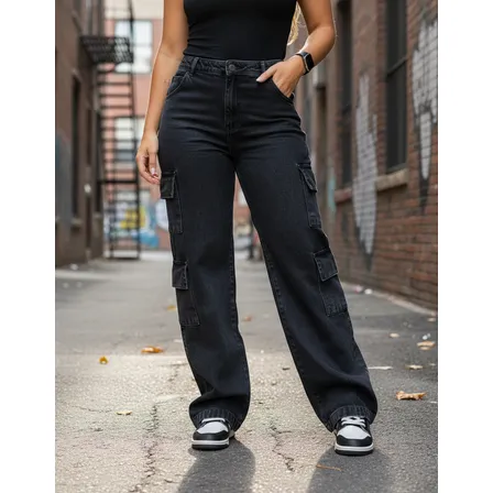 Calça Cargo Jeans Feminina Cintura Alta 8 Bolsos