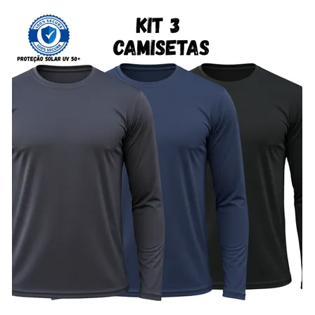 Kit 3 Camisetas Segunda Pele Masculina Com Proteção Uv