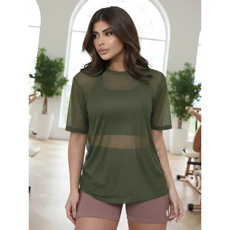 Blusa Tule Feminina Fitness Sobreposição Academia Verão
