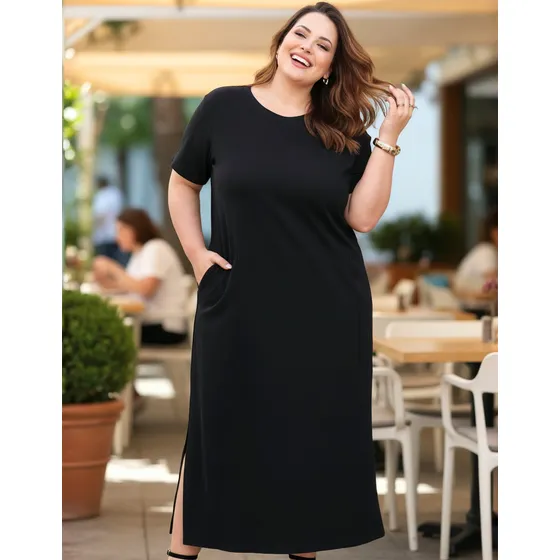 Vestido Feminino Plus Size Longo Casual Moderno Com Bolso