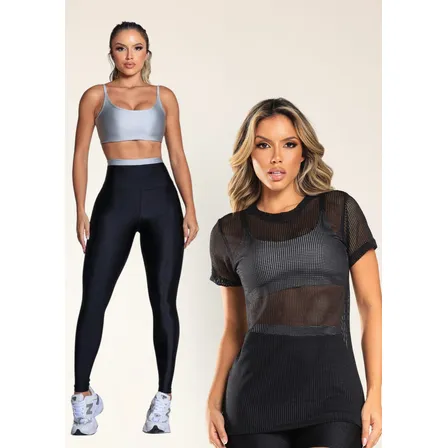 Kit Conjunto Cropped Legging + Blusa Fitness Academia K