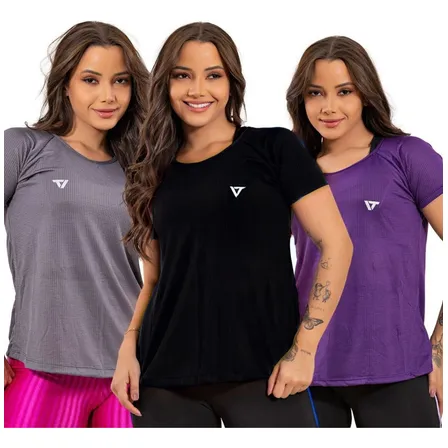 Kit 3 Camisetas Femininas Dry Fit Tecido Respirável Academia