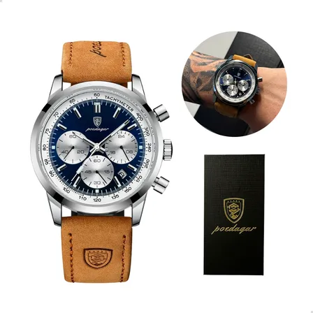 Relógio Luxo Poedagar Masculino Pulseira Em Couro Funcional