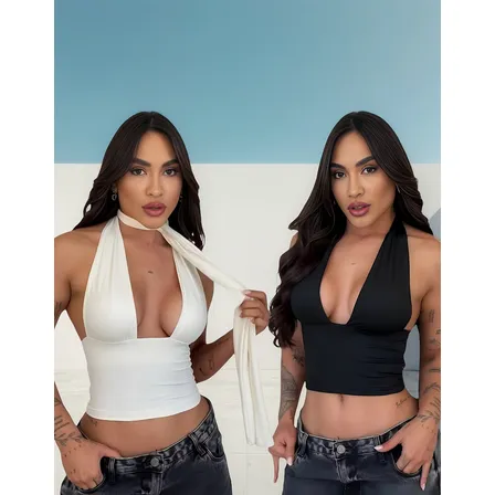 Kit 2 Croped Feminino Básico Com Amarração Multiformas Verão