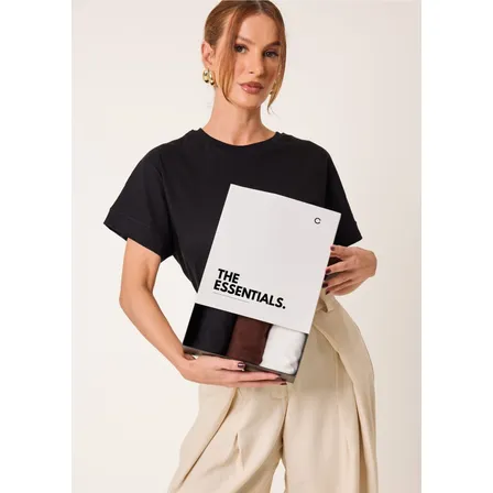 Kit 3 T-shirts Básicas Feminino Algodão Preto Marrom Off