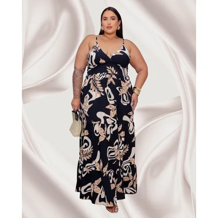 Vestido Longo Pluz Size Estampado Soltinho Babado Lastex