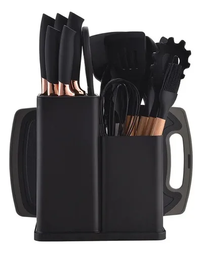Kit 19 Utensílios De Cozinha Cabo Madeira Silicone