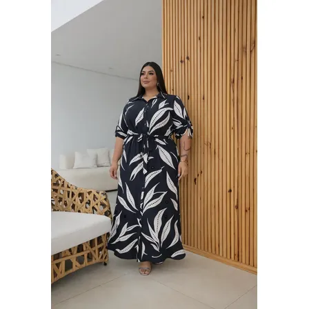 Vestido Chemise Feminino Plus Size Longo Com Cinto E Fenda