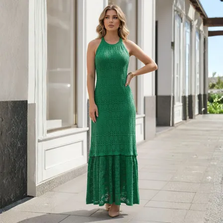 Vestido Longo Tricot Renda Elegante Festa Verão Sem Manga