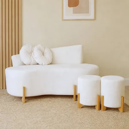 Sofá Naty 2 Lugares + 2 Puffs  Bouclé  Orgânico Feijão