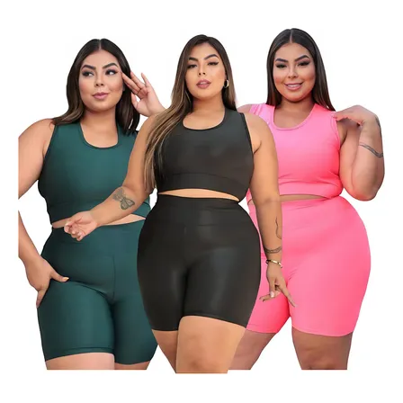 Conjunto Top Short Feminino Plus Size Cintura Alta Treinos