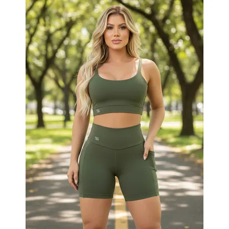 Conjunto Bermuda Feminino Academia Blackout Cintura Alta Fit