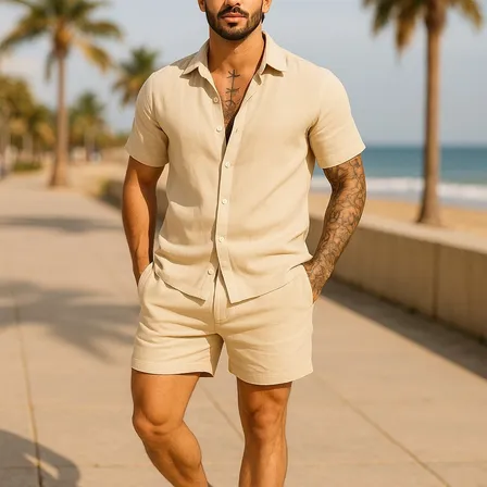 Conjunto Casual Linho Masculino Camisa Botão Bermuda Cordão