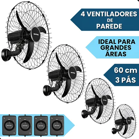 Kit 4 Ventilador Osc Parede 60cm 3pás Preto Ventisol 127/220