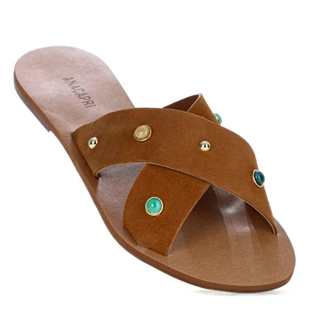 Rasteira Anacapri Tiras Cruzadas Pedrarias Marrom Feminino