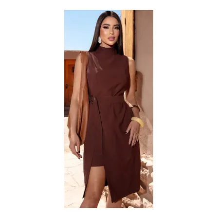 Vestido Alfaiataria Elegante Gola Alta Cinto Fivela E Fenda