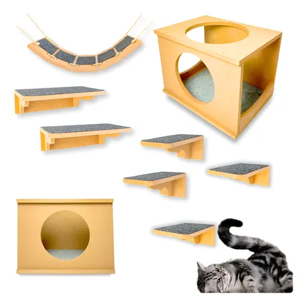 Playground Gato Mdf 15mm Reforçado Cru 9 Pçs Montado Carpete