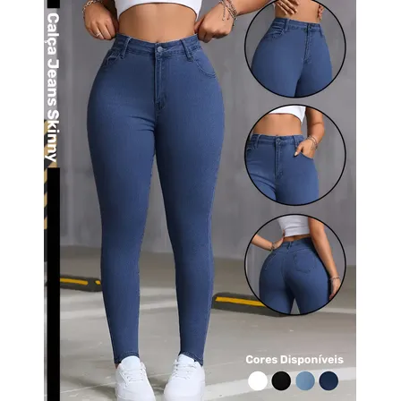 Calça Skinny Jeans Básica Feminina Cintura Alta Look Casual
