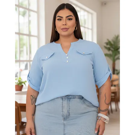 Camisa Plus Size Social Manga Casual Blusa Moda Elegante Com