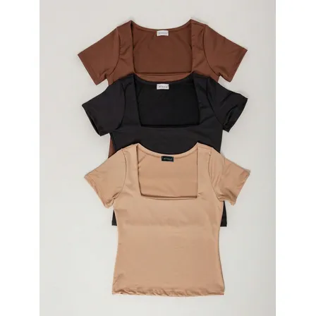 Kit 3 Blusinhas Feminina De Suplex Gola Quadrada Manga Curta