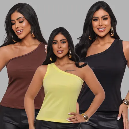 Kit 3 Regata Feminina Blusa Uma Alça Larga Básica Leve Moda