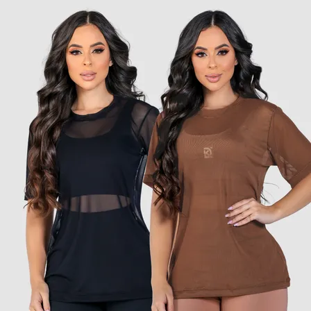 Kit 2 Blusa Feminina Tule Transparente Fitness Academia