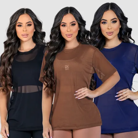 Kit 3 Blusas Fitness Tule Camiseta Academia Feminina Dk Fit