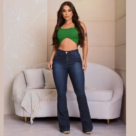 Calça Flare Jeans Boot Cut C/ Lycra Cintura Alta Empina