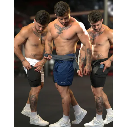 Kit 3 Short Duplo 2 Em 1 Bermudas Compressão Academia Run Uv