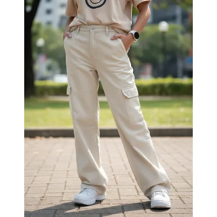Calça Wide Leg Juvenil Cargo Jeans Escolar Beje Ajustável