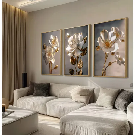 Quadro Grande Moldurado 50x70 Com Vidro Trio Coleção Florais
