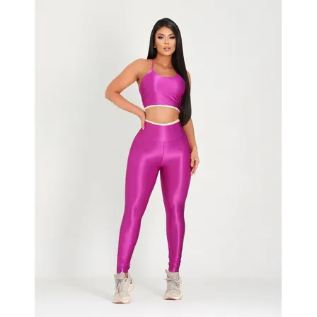 Conjunto Fitness Calça + Top Feminino Canelado Poliamida