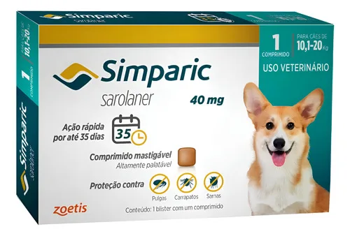 Simparic Zoetis 40 Mg 10,1 A 20 Kg 1 Unidade