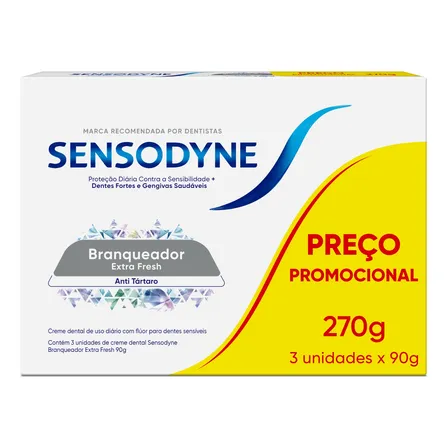 Creme Dental Sensodyne Branqueador para Dentes Sensíveis Extra Fresh, Anti Tártaro, Proteção Diária, Leve 3 Unidades e Pague 2, 90g Cada