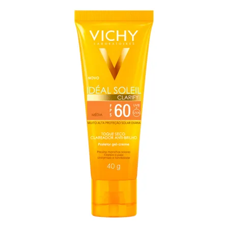Protetor Solar Facial com Cor Média FPS60 Previne Manchas Clareia e Uniformiza a Pele Textura Toque Seco Anti-Brilho Capital Soleil Clarify Vichy 40g