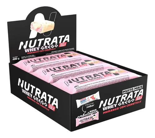 Barra Whey Grego 40g Display Com 12 Unidades Morango Com Chantilly Nutrata