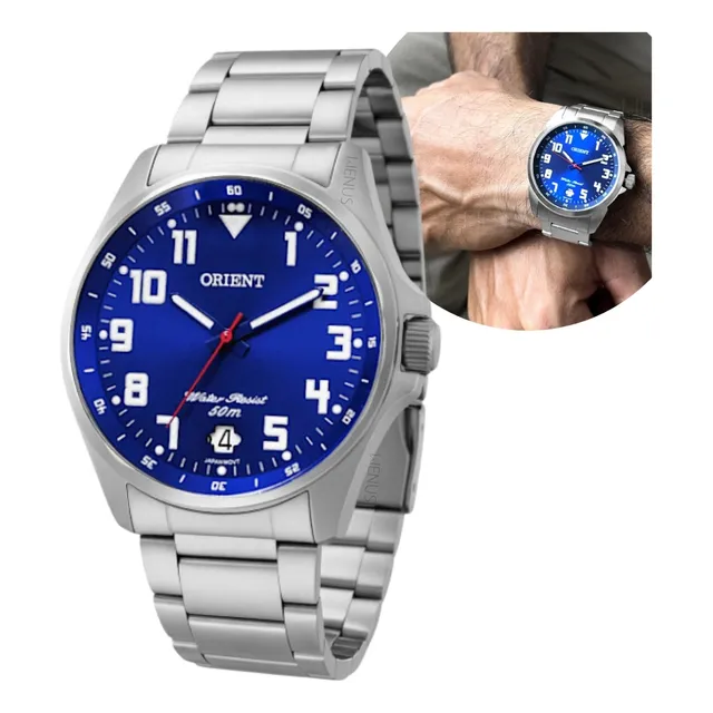 Relógio De Pulso Orient Analógico Com Correia De Aço Inoxidável Cor Prata - Fundo Azul