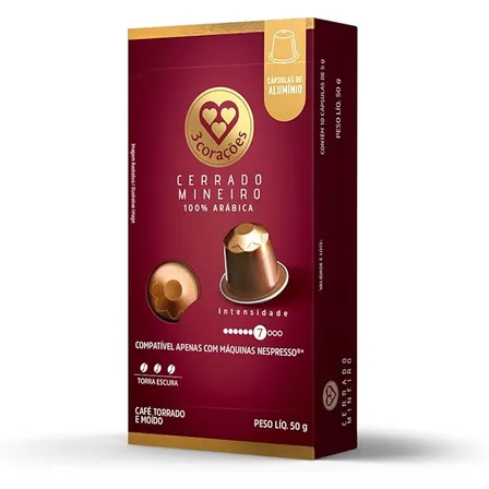 Cápsula De Café Cerrado Mineiro Compativel Com Nespresso 10 Unid Marca 3 Corações
