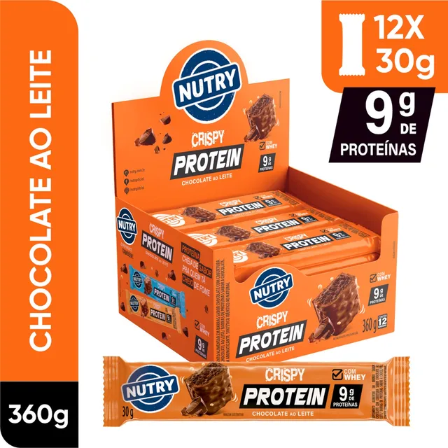 Barra de Proteínas Nutry Crispy Protein Chocolate ao Leite 12 x 30g - Com Whey e 9g de Proteínas