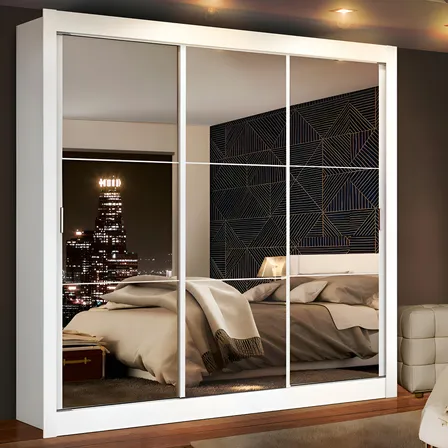 Guarda Roupa Casal Madesa Mônaco 3 Portas Correr De Espelho Cor Branco 1093093E