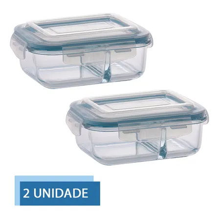 Jogo Com 2 Potes 640ml Divisória Hermético Marmita Microondas Vidrio Quality House / Univendas