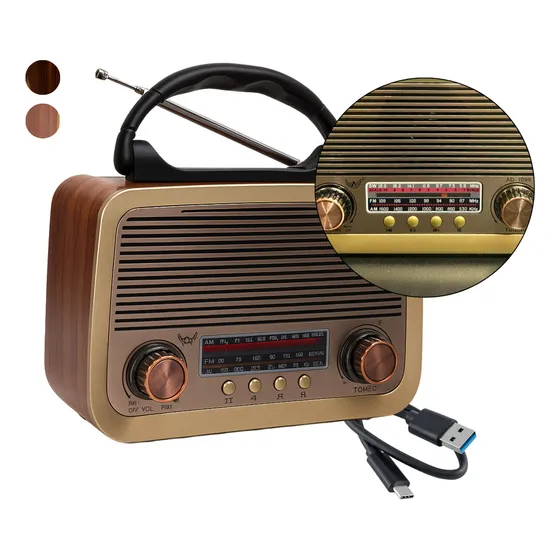 Radio Am Fm Retro Vintage Bluetooth Mp3 Usb Pen Drive Bivolt Recarregavel Marrom 127/220v