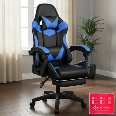 Cadeira Escritório Gamer Ergonômica Reclinável Com Apoio dos Pés Em Couro Azul Led Tools