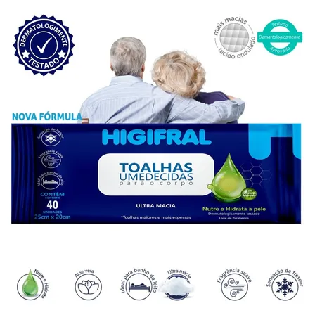 Toalhas Umedecidas Higifral Adulto 40 Unidades Sem Álcool Dermatologicamente Testado