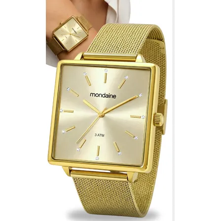 Relogio Mondaine Feminino Quadrado Dourado Ponteiro