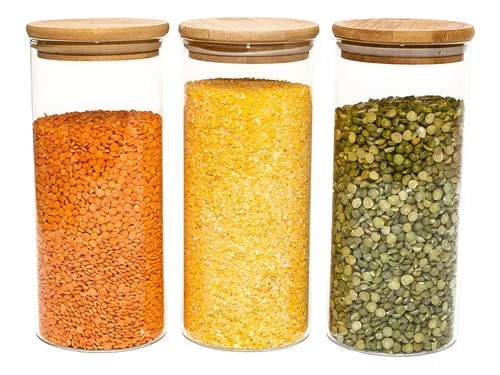 Potes De Vidro P/ Mantimentos 800ml C/ Tampa Bambu - 3 Pçs Cor Marrom-claro