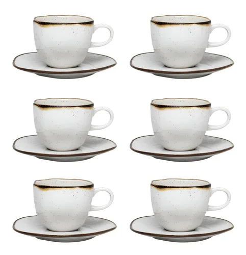 Conjunto De 6 Xícaras Com Pires Ryo Maresia Branco Marrom 220ml Oxford