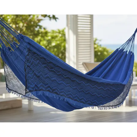 Rede Dormir Descanso Casal Tecido Algodão Resistente Jeans Cor Azul