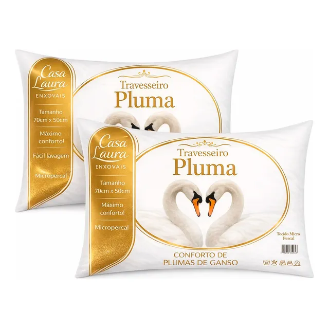 Kit 2 Travesseiros Macios Brancos Casa Laura Enxovais Pluma De Ganso Sintético Premium Hipoalergênico Eco Sustentavel Alto Confortável