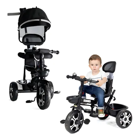 Triciclo Infantil Baby Style Zupa Preto Assento Giratório 360° Capota